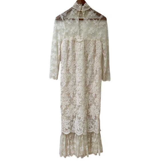 Vintage Jessica McClintock Ivory Lace High-Neck Maxi Dress Tiered Hem Size 10 - Picture 7 of 10